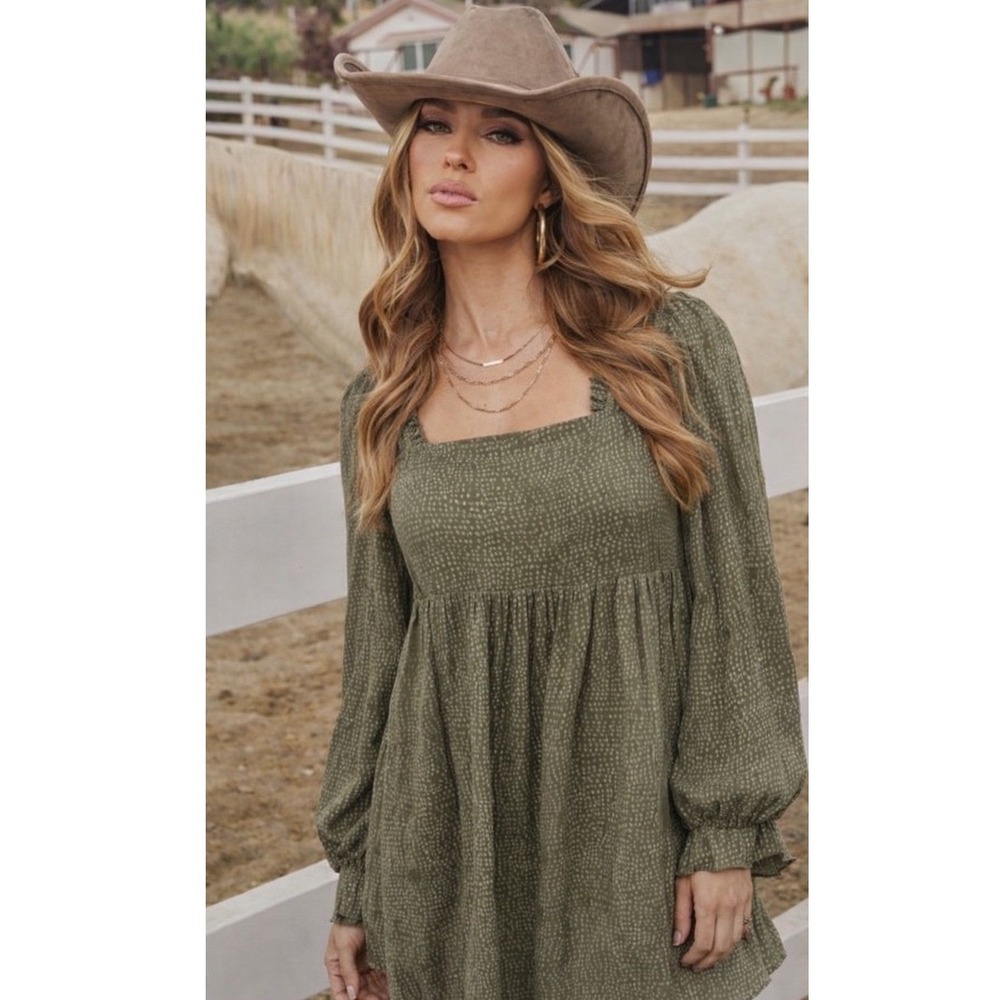 Loft Olive‎ Green Square Neck Smocked Babydoll Dress Womens Small Boho Western